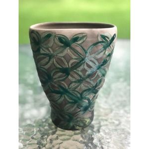 Oval RAKU Pottery Vase with Green Geometric Design